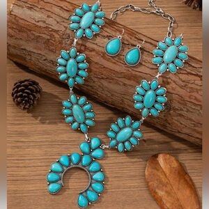 New Faux Turquoise Floral Squash Blossom Western Boho Necklace and Earring Set